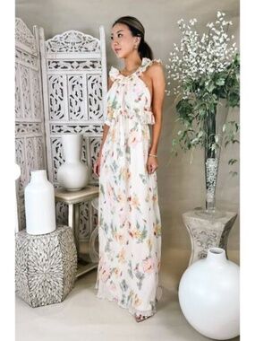 For Love & Lemons Abby Floral Ruffle Backless Maxi Dress